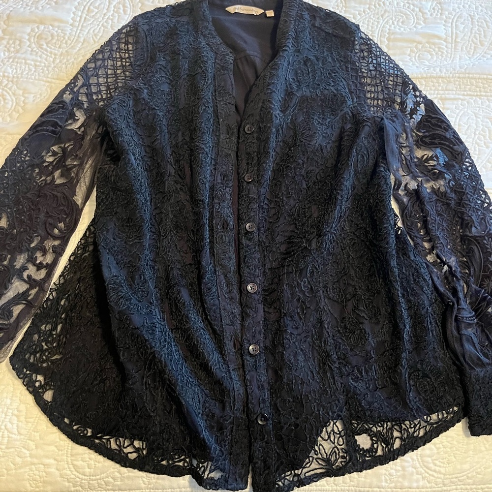 Soft Surroundings Black Lace Button-Up Blouse